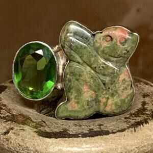 Sterling Silver, Unakite & Grossular Garnet Ring Size 8 Carved Monkey Statement